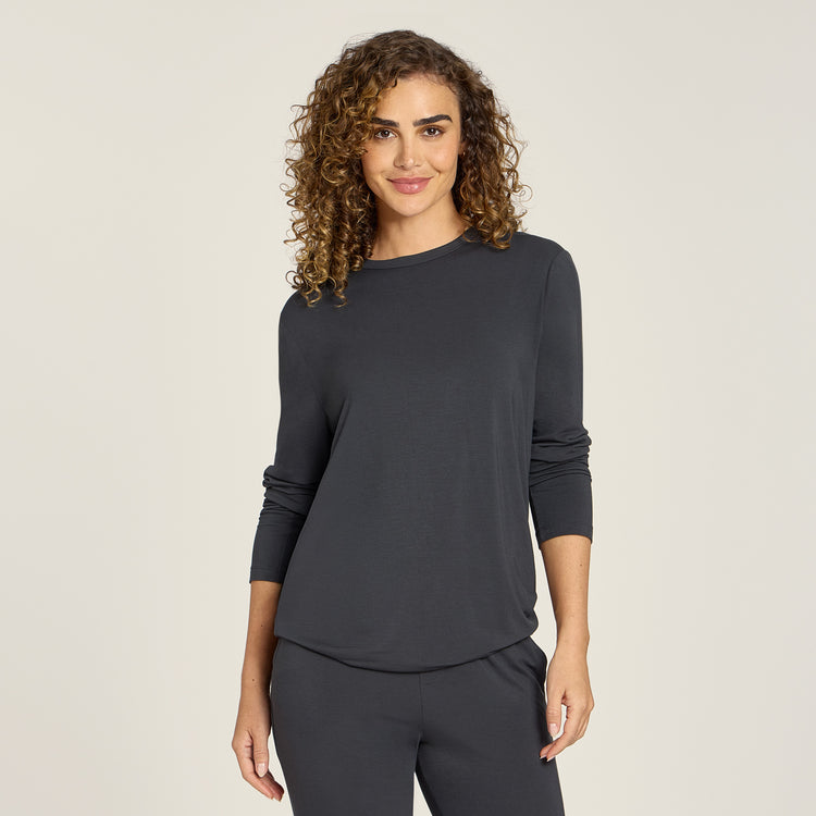 Women wearing Dark Gray Pajama Long Sleeve Crew Neck
