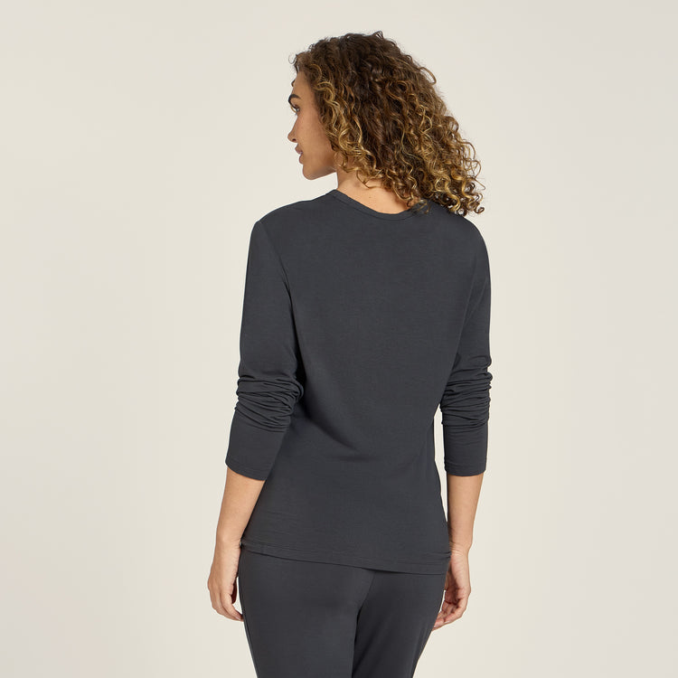 Women wearing Dark Gray Pajama Long Sleeve Crew Neck