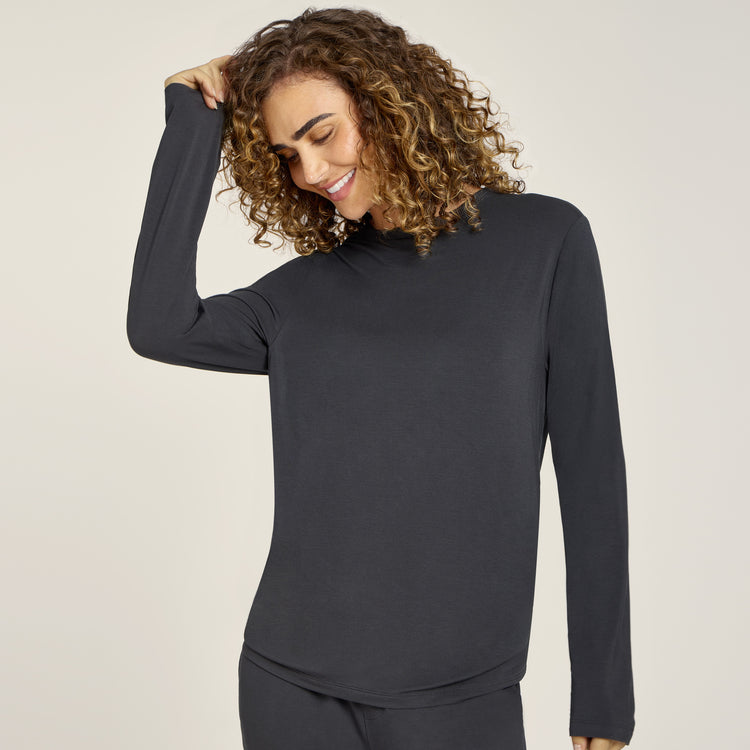 Women wearing Dark Gray Pajama Long Sleeve Crew Neck