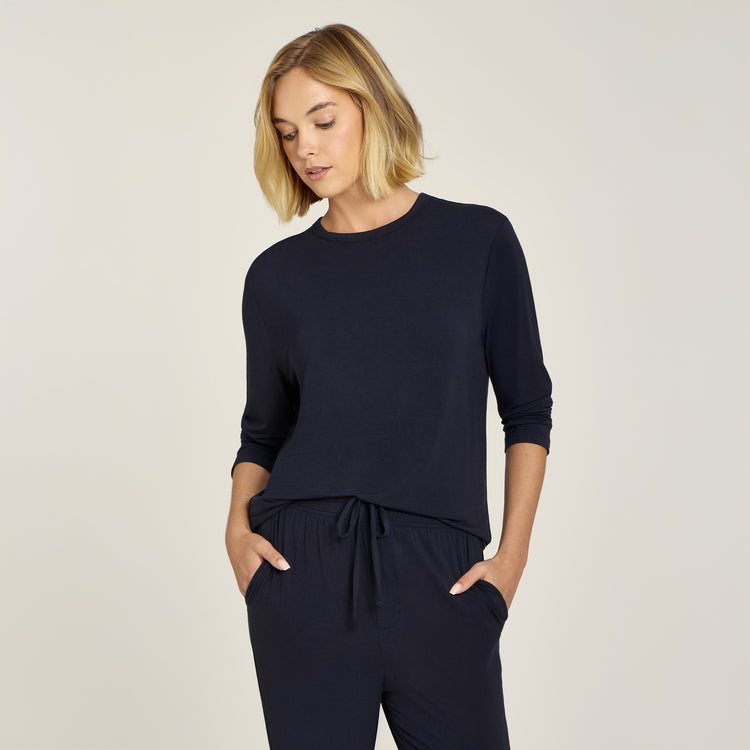 Women wearing Navy Pajama Long Sleeve Crew Neck