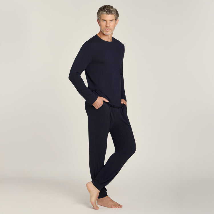 Men wearing Navy Pajama Long Sleeve Crew Neck