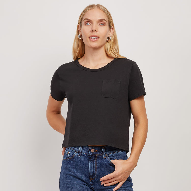 Women wearing Black Everyday Cotton One Pocket Crew Tee