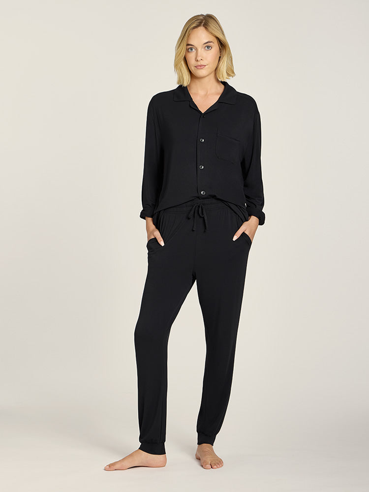 Women wearing Black Pajama Pants