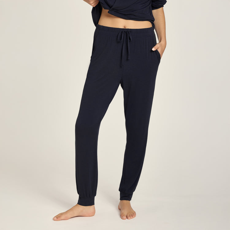 Women wearing Navy Pajama Pants