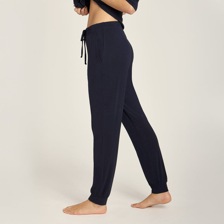 Women wearing Navy Pajama Pants