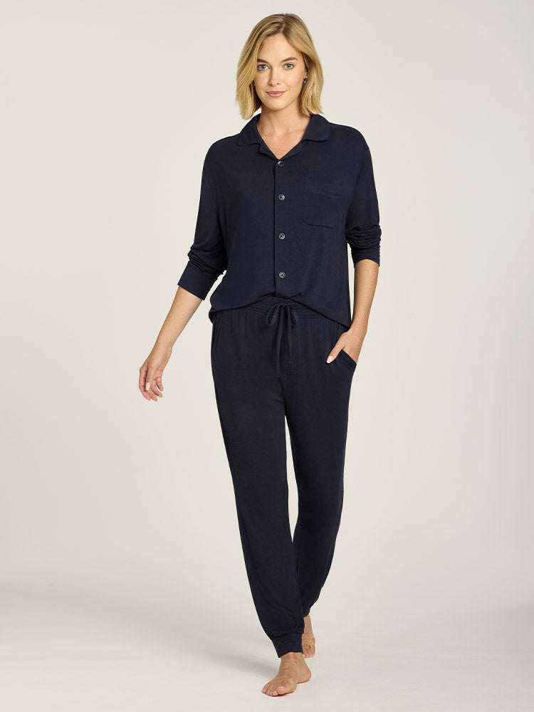Women wearing Navy Pajama Pants