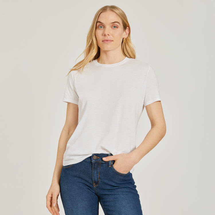 Women wearing Blanco Relaxed Crew Marcy Tee