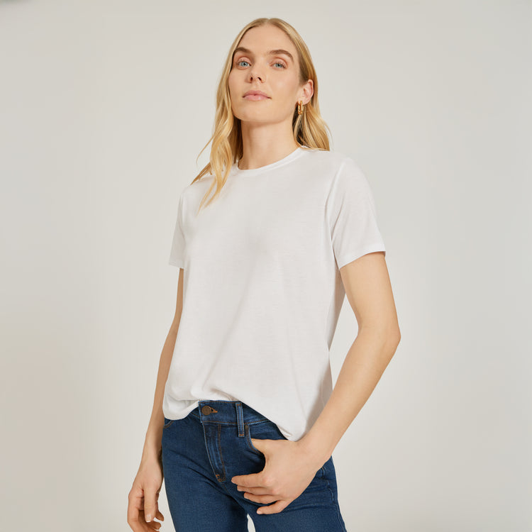 Women wearing Blanco Relaxed Crew Marcy Tee