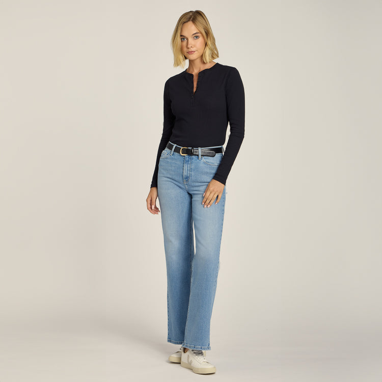 Women wearing Black Long Sleeve Rib Henley Tee