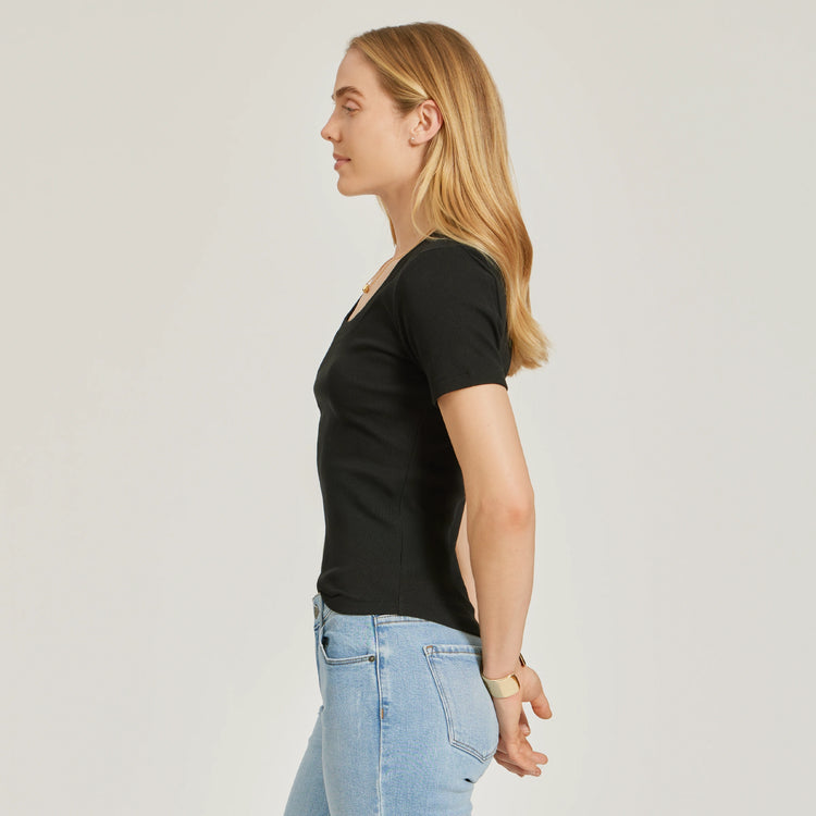 Women wearing Black Rib Scoop Neck Tee