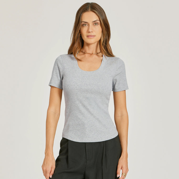 Women wearing Gris jaspeado Rib Scoop Neck Tee