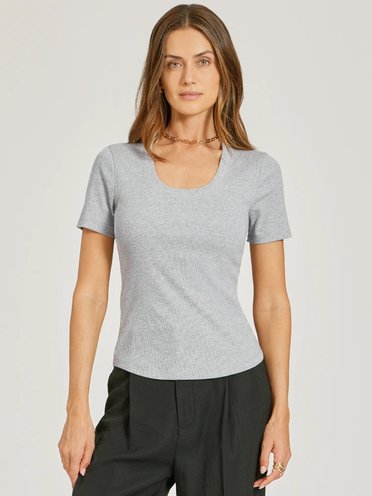 Women wearing Gris jaspeado Rib Scoop Neck Tee