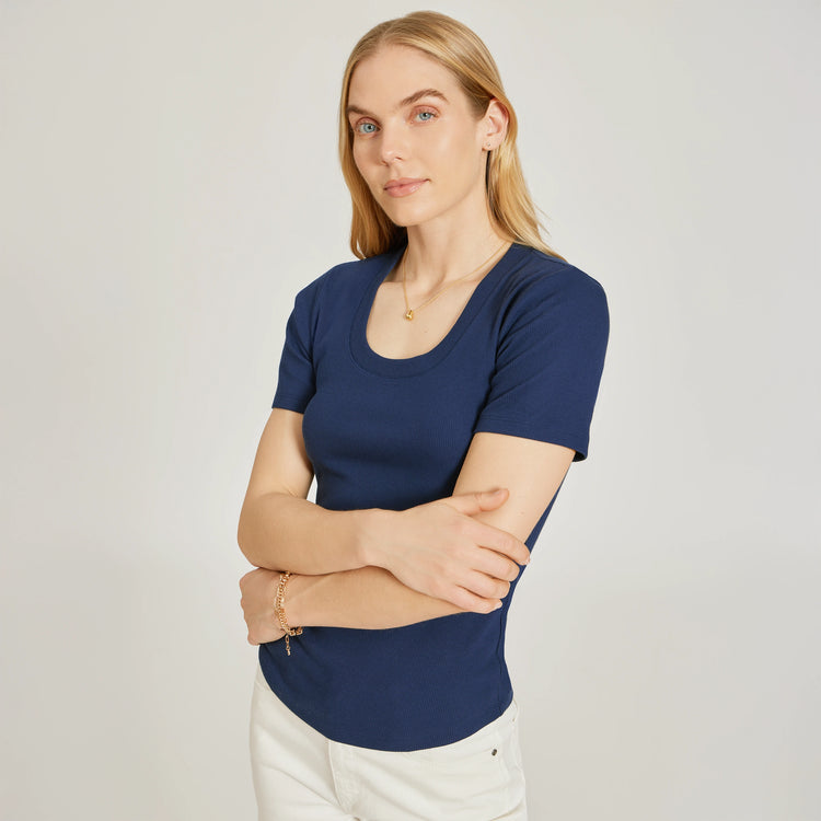 Women wearing Navy Rib Scoop Neck Tee
