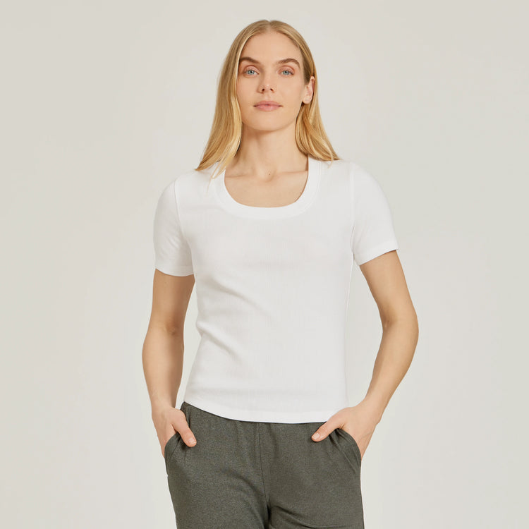 Women wearing White Rib Scoop Neck Tee