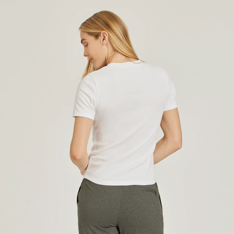 Women wearing White Rib Scoop Neck Tee