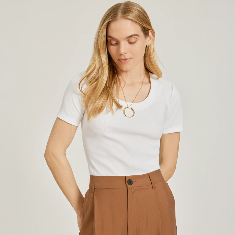 Women wearing White Rib Scoop Neck Tee