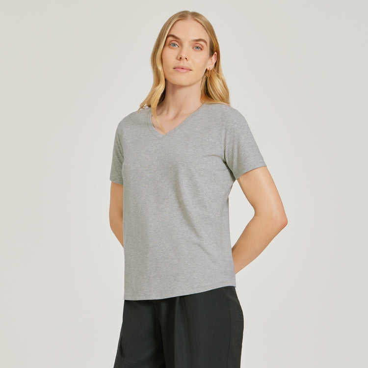 Women wearing Heather Gray Relaxed V-Neck Marcy Tee
