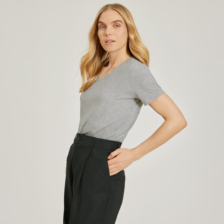 Women wearing Heather Gray Relaxed V-Neck Marcy Tee
