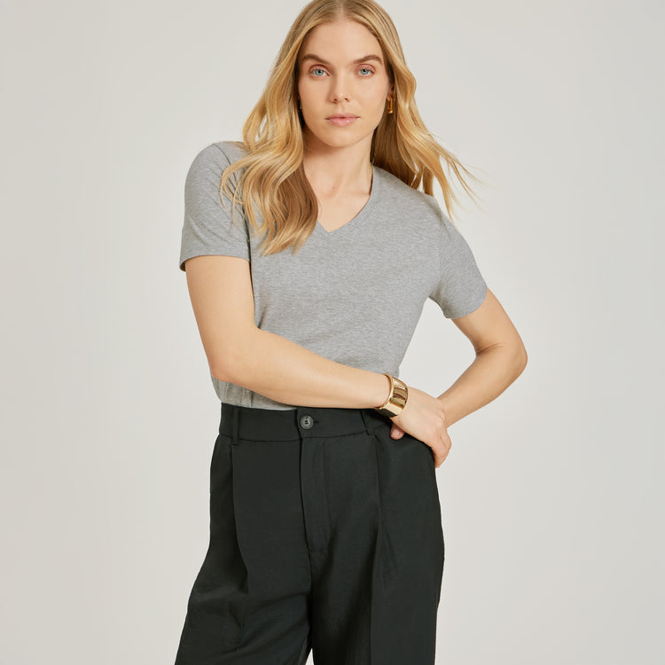 Women wearing Heather Gray Relaxed V-Neck Marcy Tee