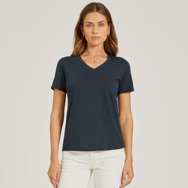 Women wearing Navy Relaxed V-Neck Marcy Tee