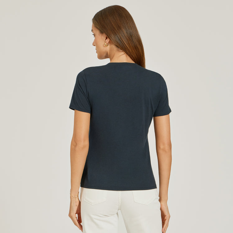 Women wearing Navy Relaxed V-Neck Marcy Tee