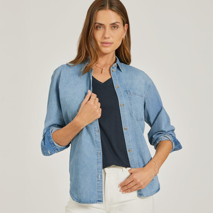 Women wearing Navy Relaxed V-Neck Marcy Tee