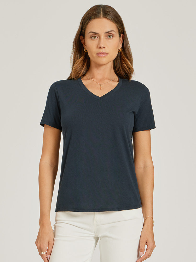 Women wearing Navy Relaxed V-Neck Marcy Tee