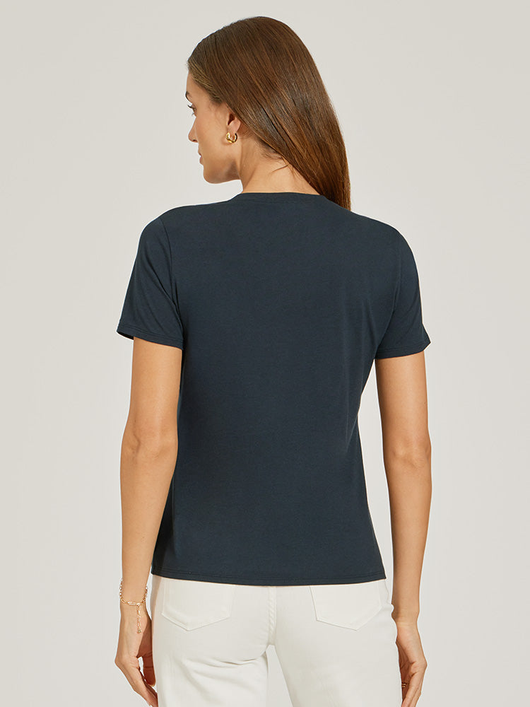 Women wearing Navy Relaxed V-Neck Marcy Tee