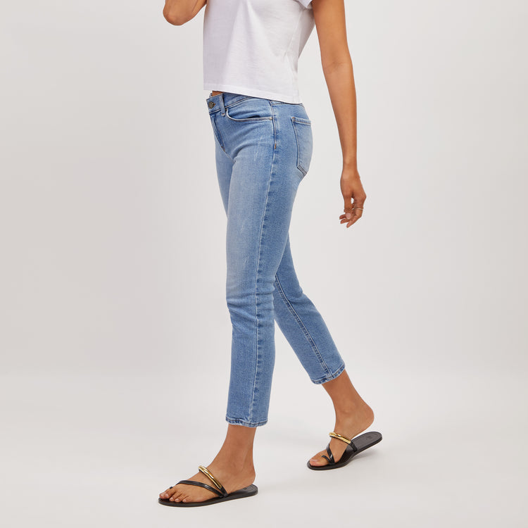 Women wearing Medium Blue Mid Rise Slim Straight Hubert Jeans