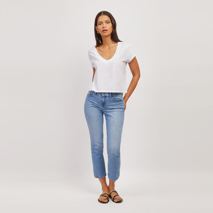 Women wearing Medium Blue Mid Rise Slim Straight Hubert Jeans