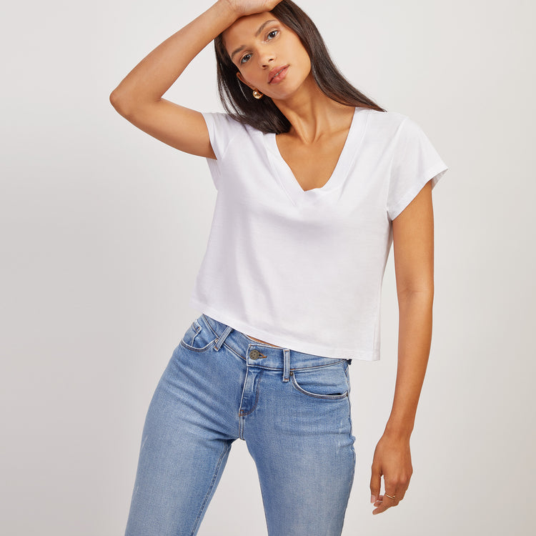 Women wearing Medium Blue Mid Rise Slim Straight Hubert Jeans