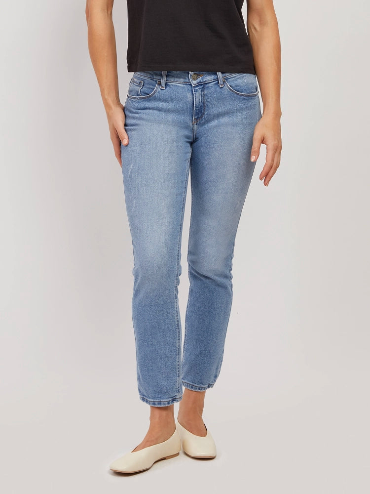 Women wearing Light Blue Mid Rise Slim Straight Hubert Jeans