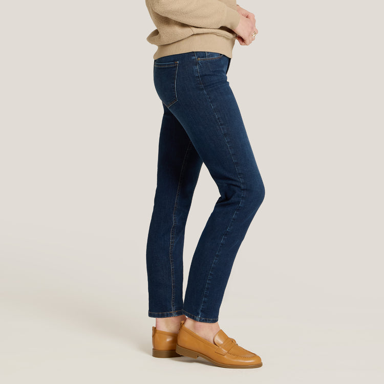 Women wearing Dark Blue Logan Mid Rise Slim Straight Jeans