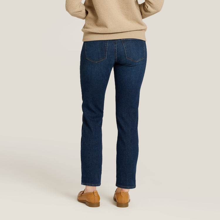 Women wearing Dark Blue Logan Mid Rise Slim Straight Jeans