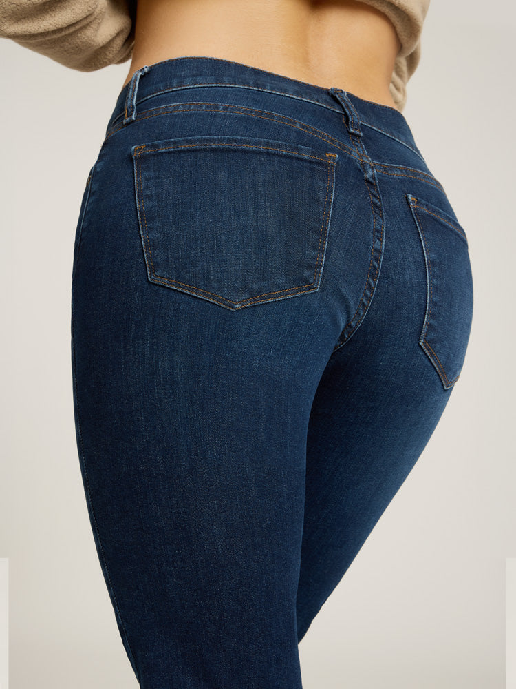 Women wearing Dark Blue Logan Mid Rise Slim Straight Jeans