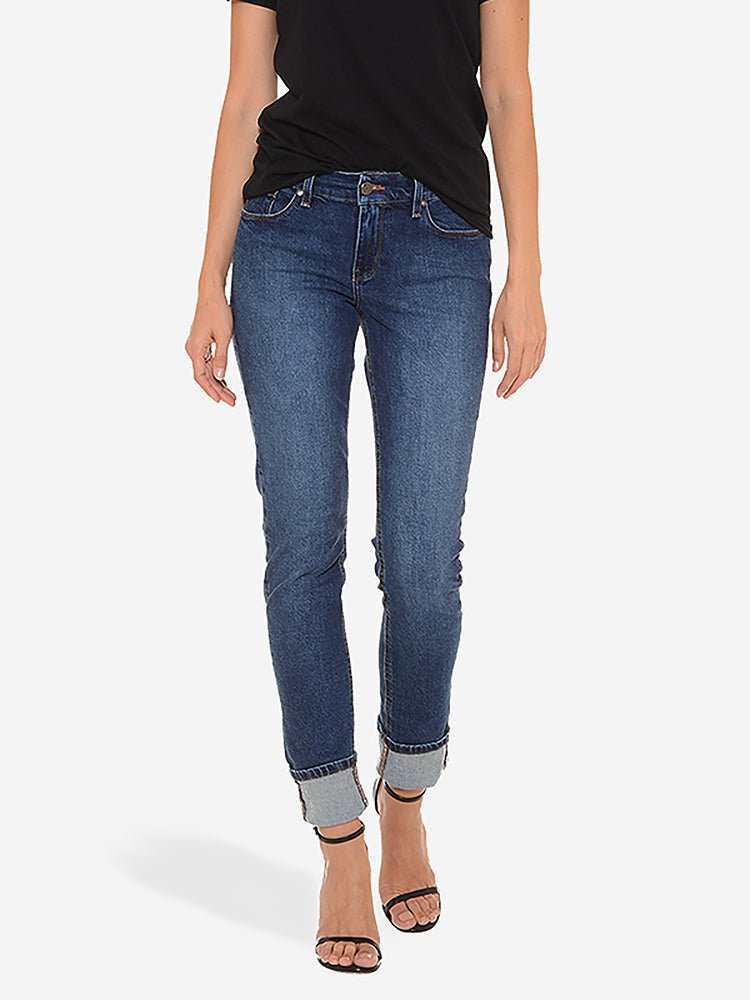 Women wearing Medium/Dark Blue Mid Rise Slim Straight Ridge Jeans