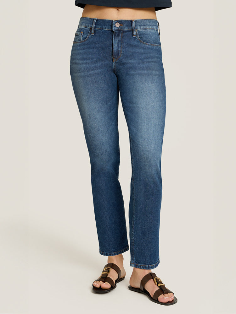 Women wearing Medium Blue Mid Rise Slim Straight Ridge Jeans