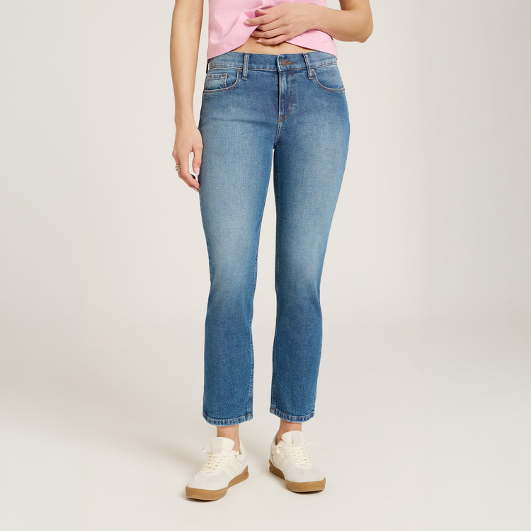Women wearing Light Blue Mid Rise Slim Straight Ridge Jeans