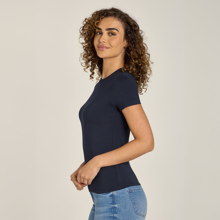Women wearing Navy Second Skin Crew Tee