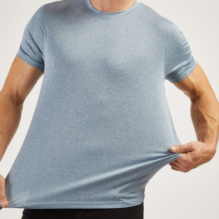 Men wearing Sky Blue Heather Tech Tee