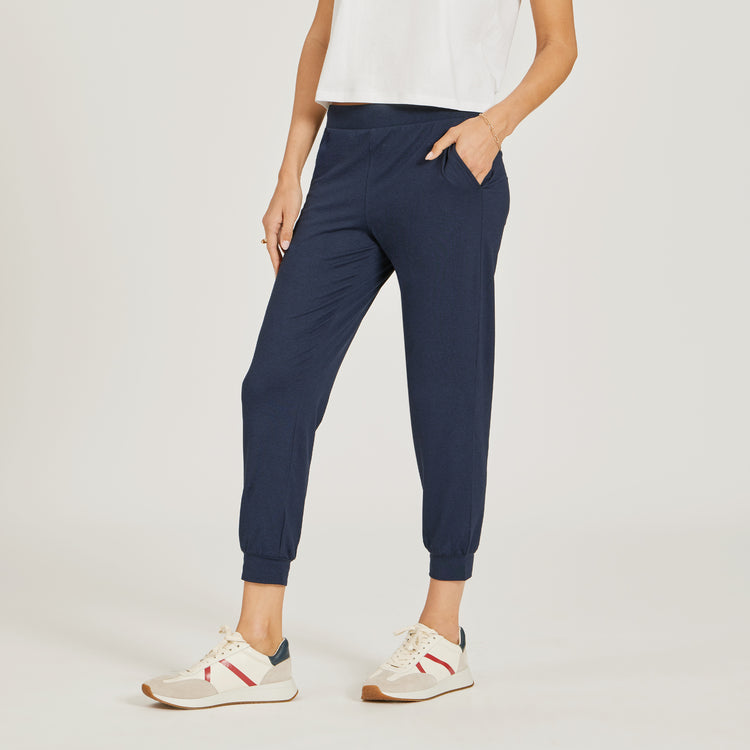 Women wearing Navy Heather Cropped Performance Jogger