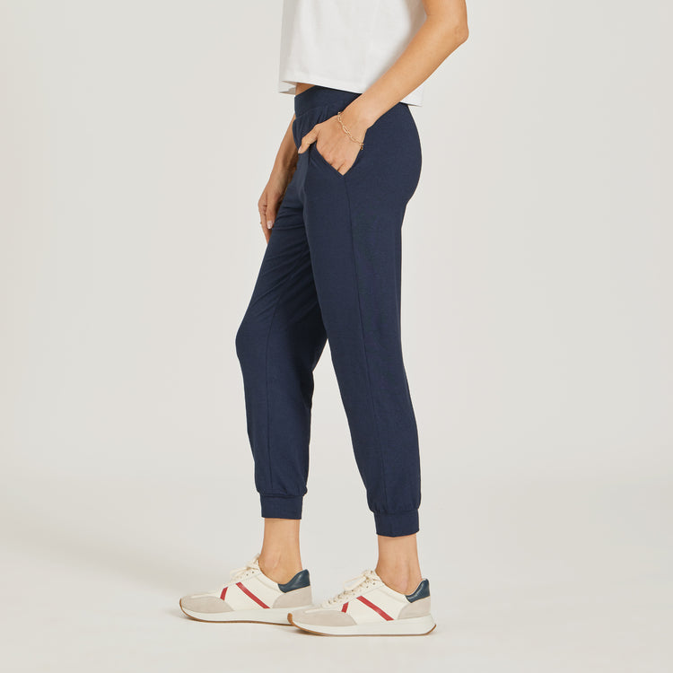 Women wearing Navy Heather Cropped Performance Jogger