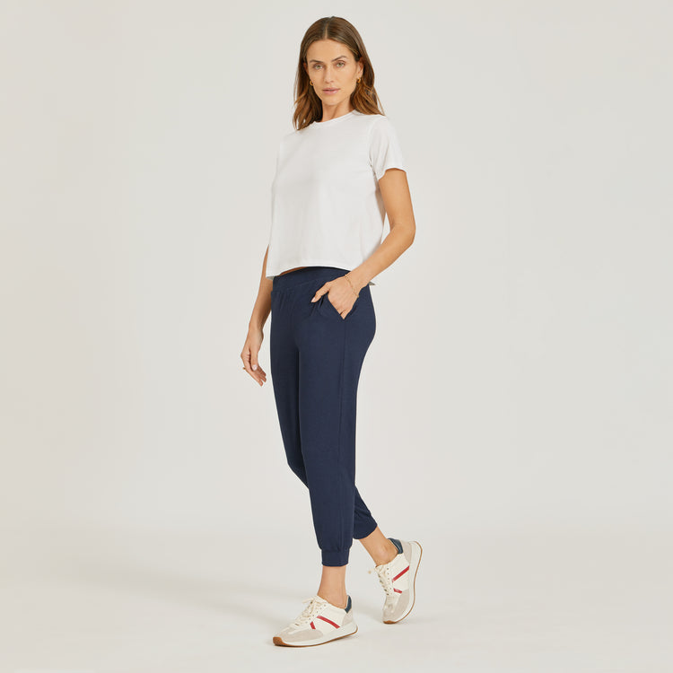 Women wearing Navy Heather Cropped Performance Jogger