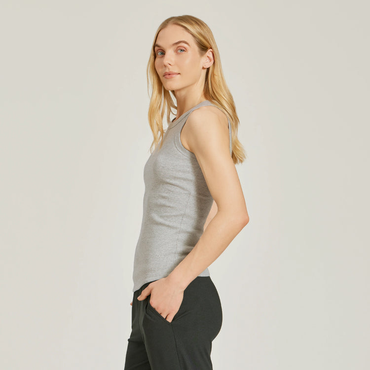 Women wearing Heather Gray Rib Tank