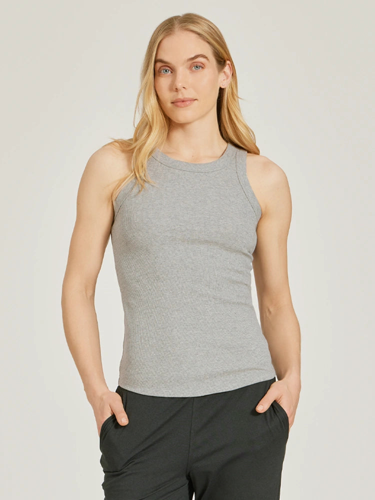 Women wearing Heather Gray Rib Tank