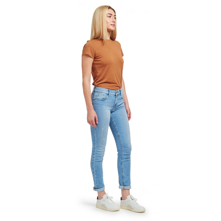 Women wearing Light Blue Mid Rise Slim Straight Hubert Jeans