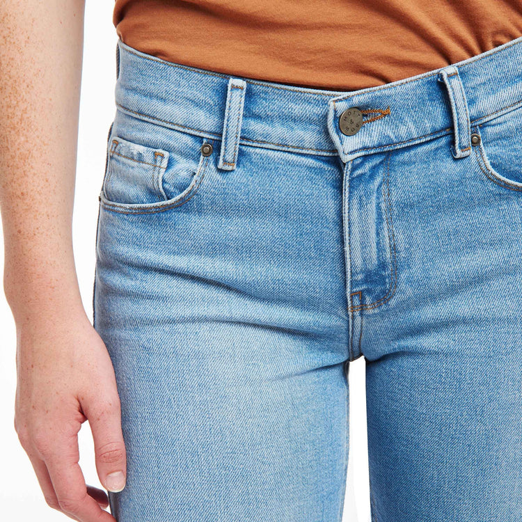 Women wearing Light Blue Mid Rise Slim Straight Hubert Jeans