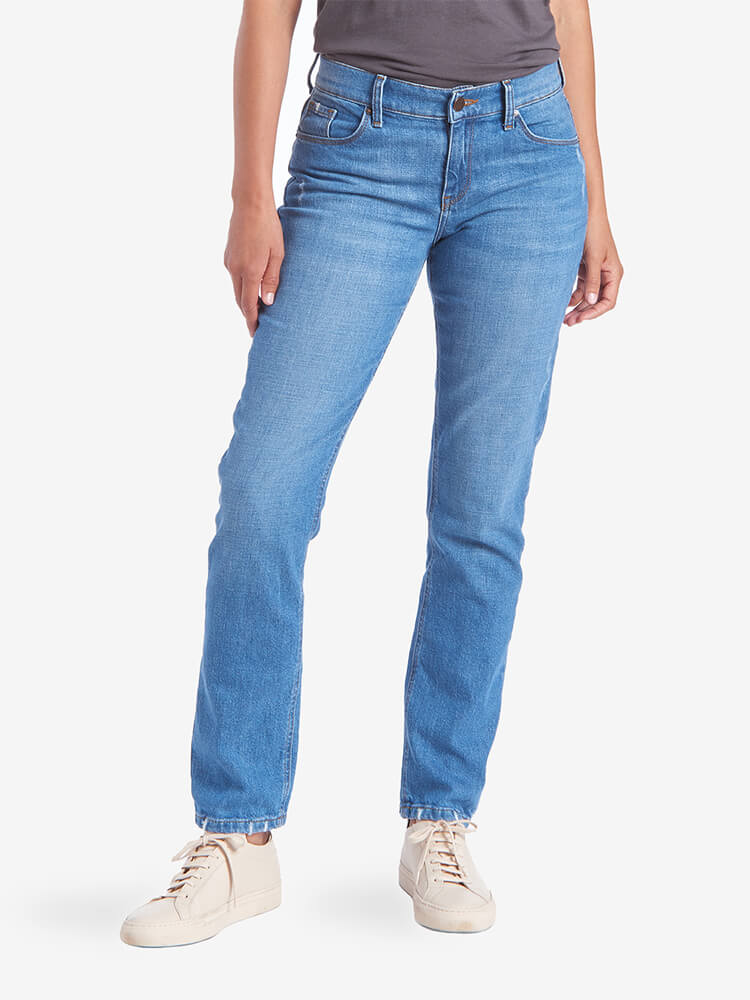 Women wearing Light Blue Mid Rise Slim Straight Charlton Jeans