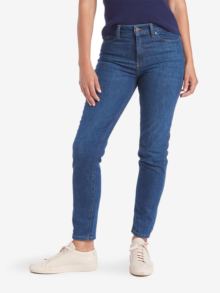 Women wearing Medium/Dark Blue High Rise Mom Charlton Jeans