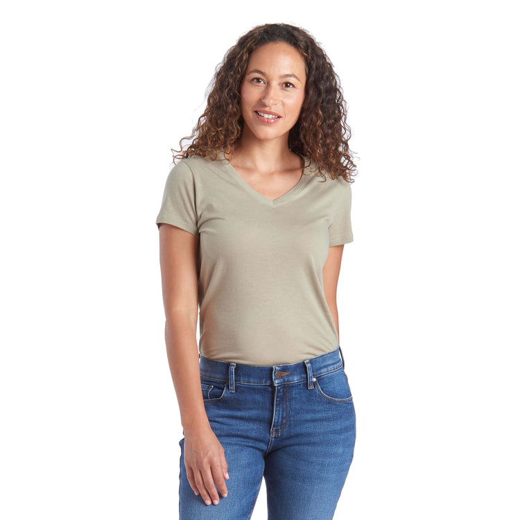 Women wearing Olive Fitted V-Neck Marcy Tee